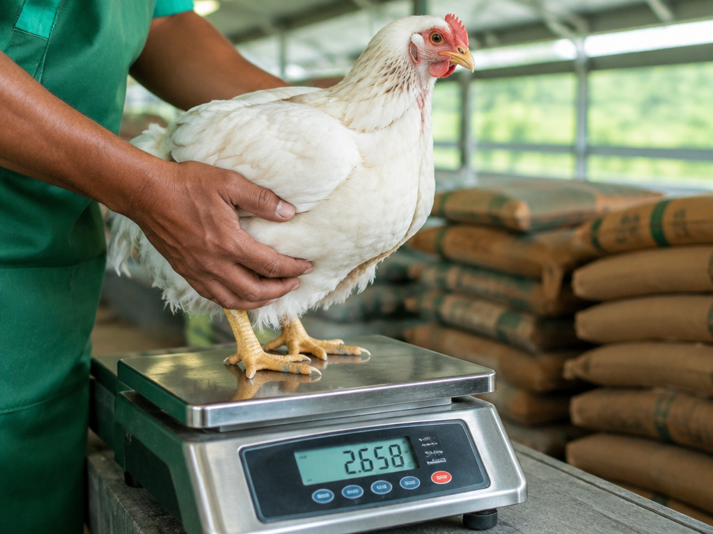 Hen on weighing scale with feed sack for FCR calculation