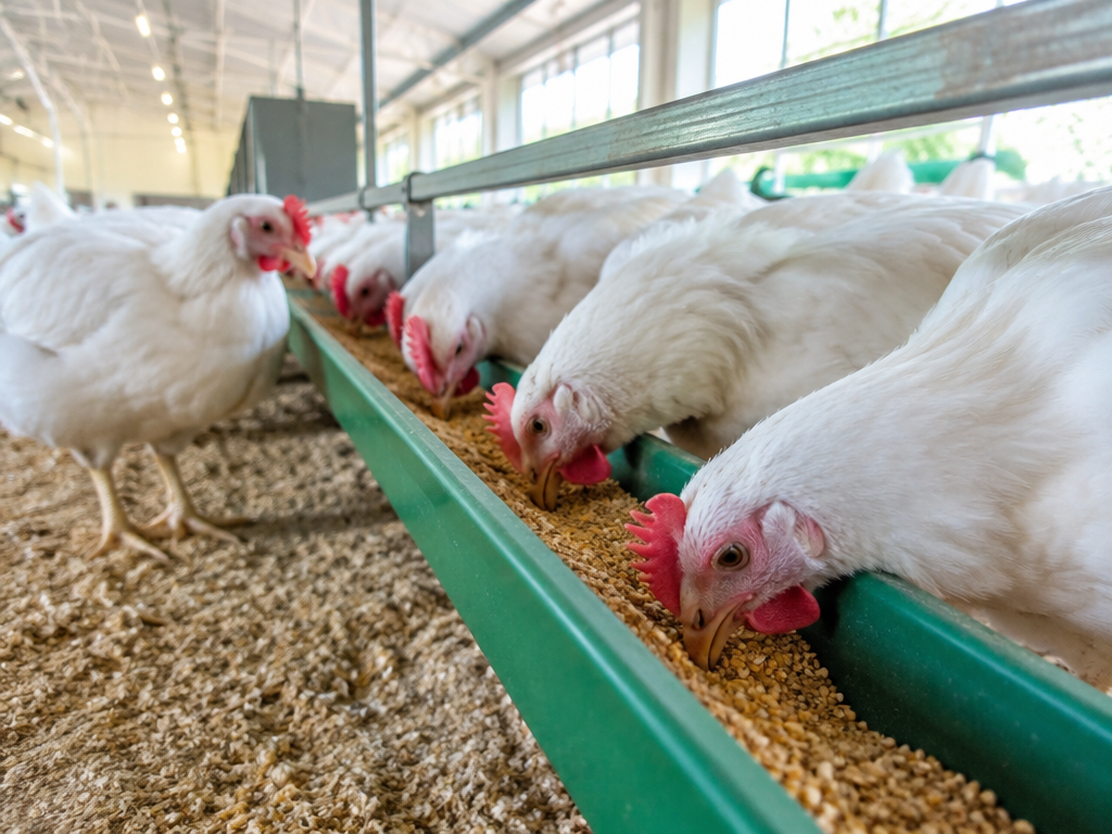 Farmer pouring feed to hens for daily feed calculation