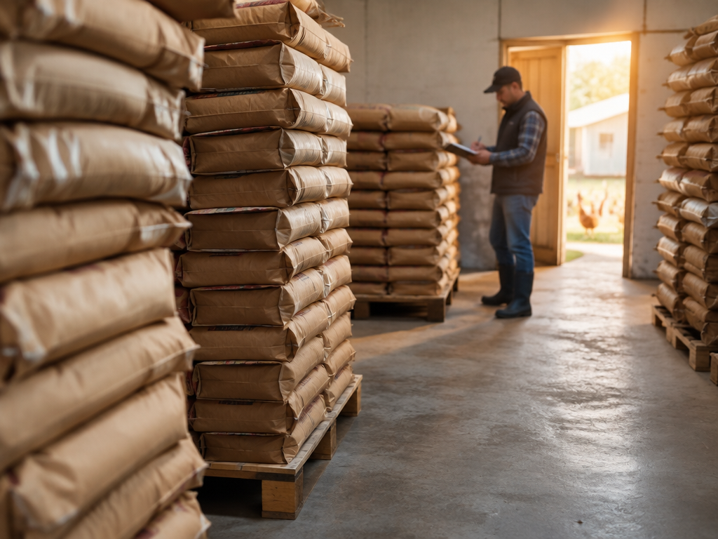 Godown shelves with feed sacks and egg trays for stock calculation